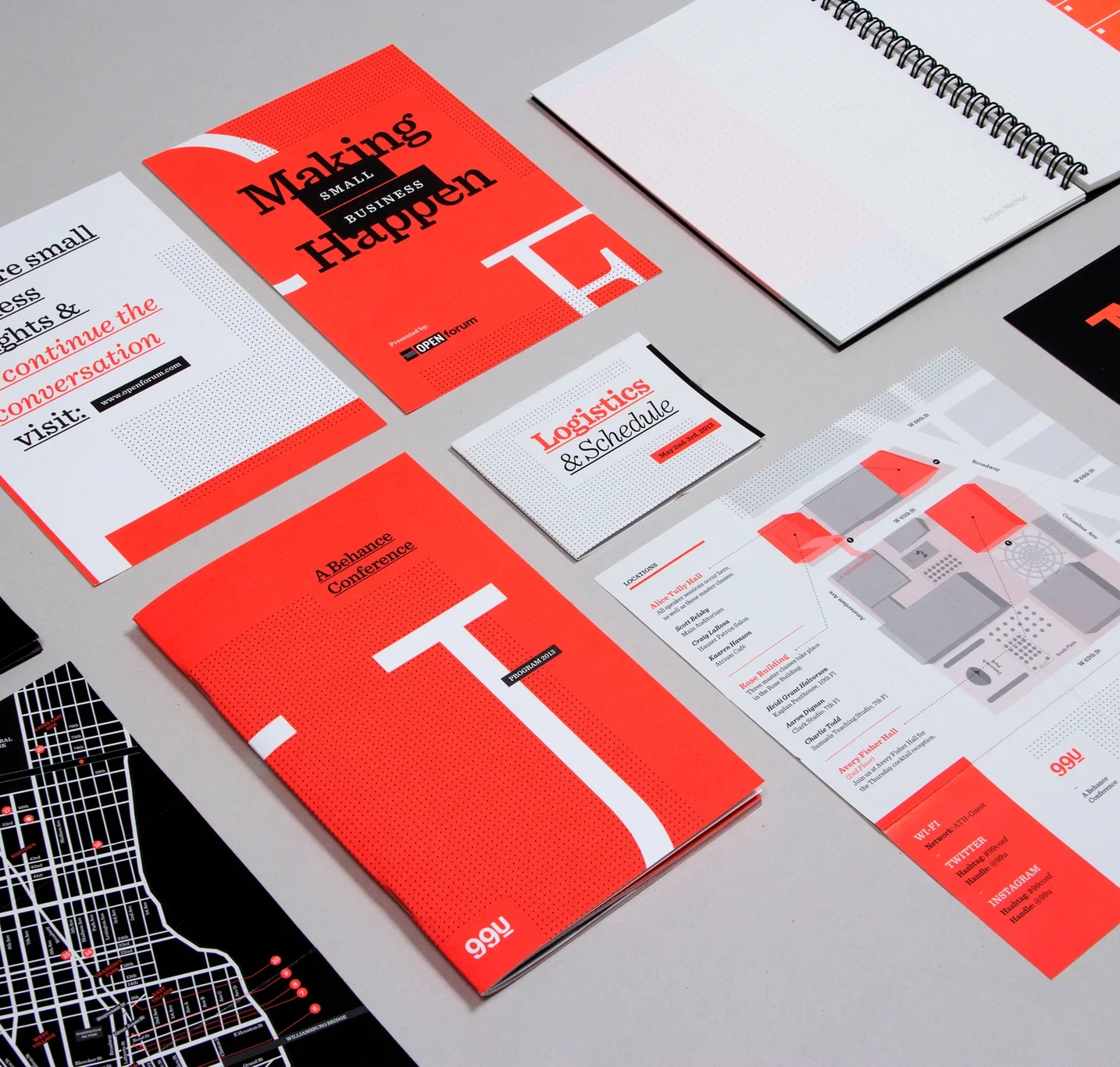 Neon-orange 99U Conference 2013 programs, notebooks and event materials
