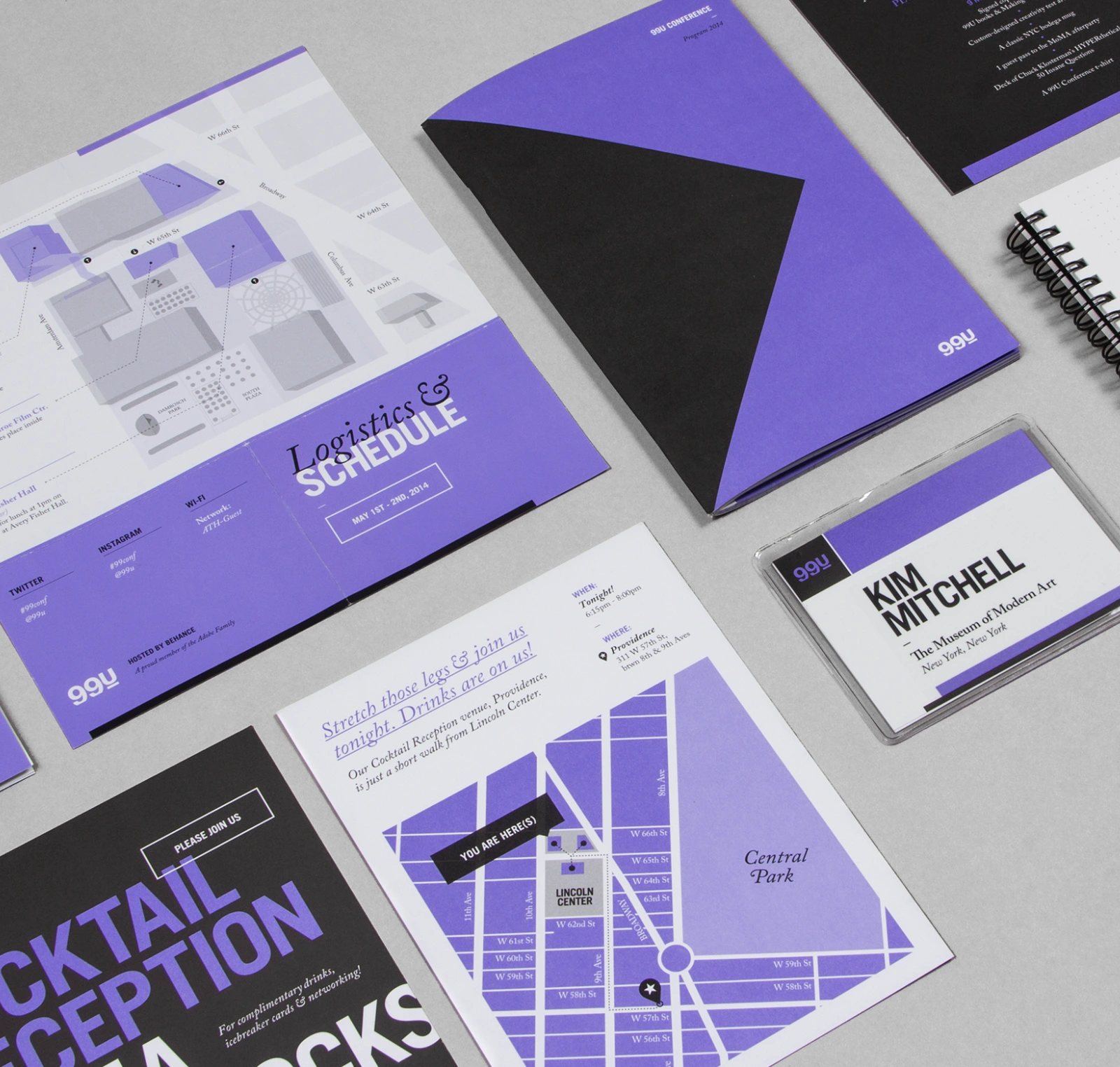 Purple, black and white 99U Conference 2014 programs, maps and name badges