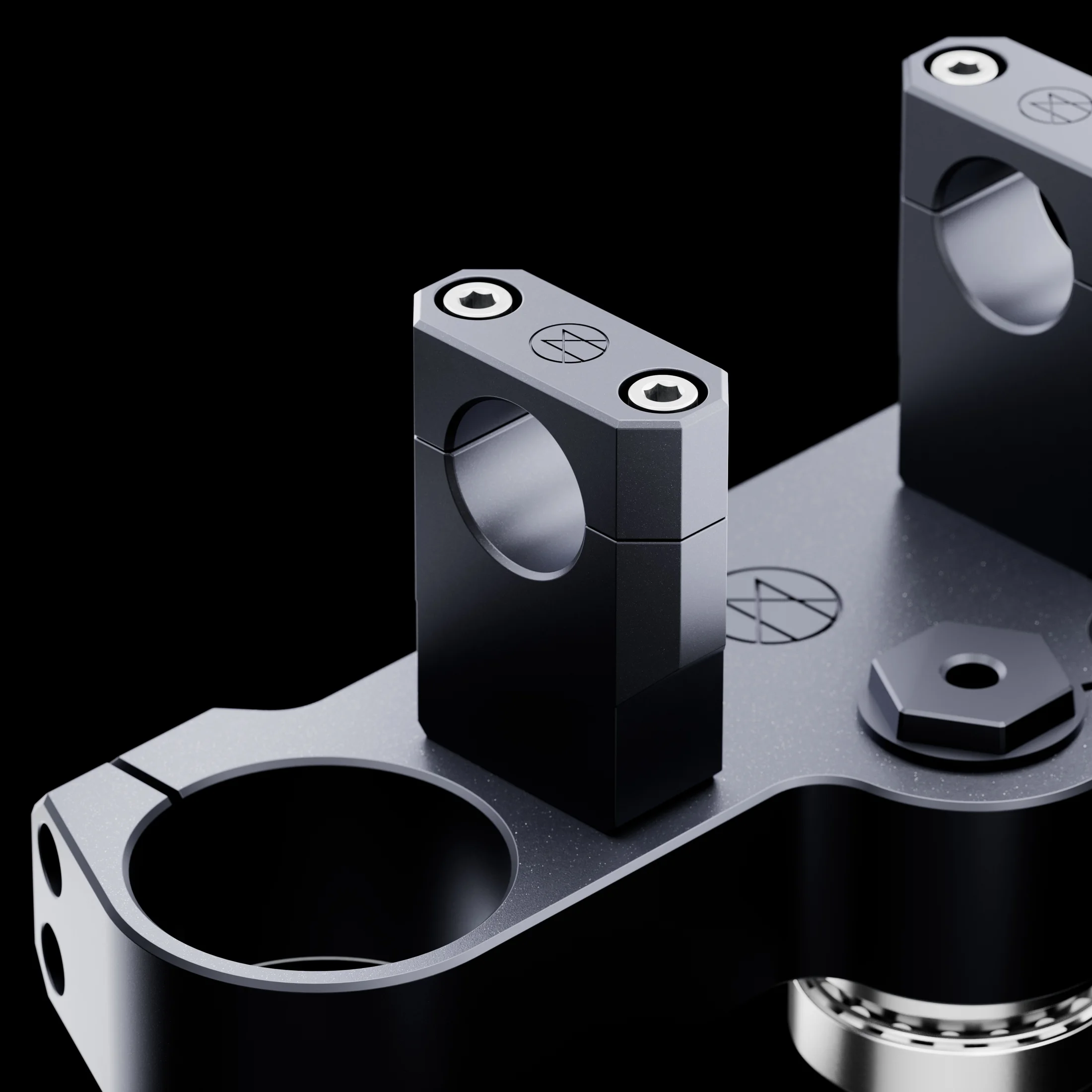 Machined black Myth motorcycle triple tree with handlebar clamps