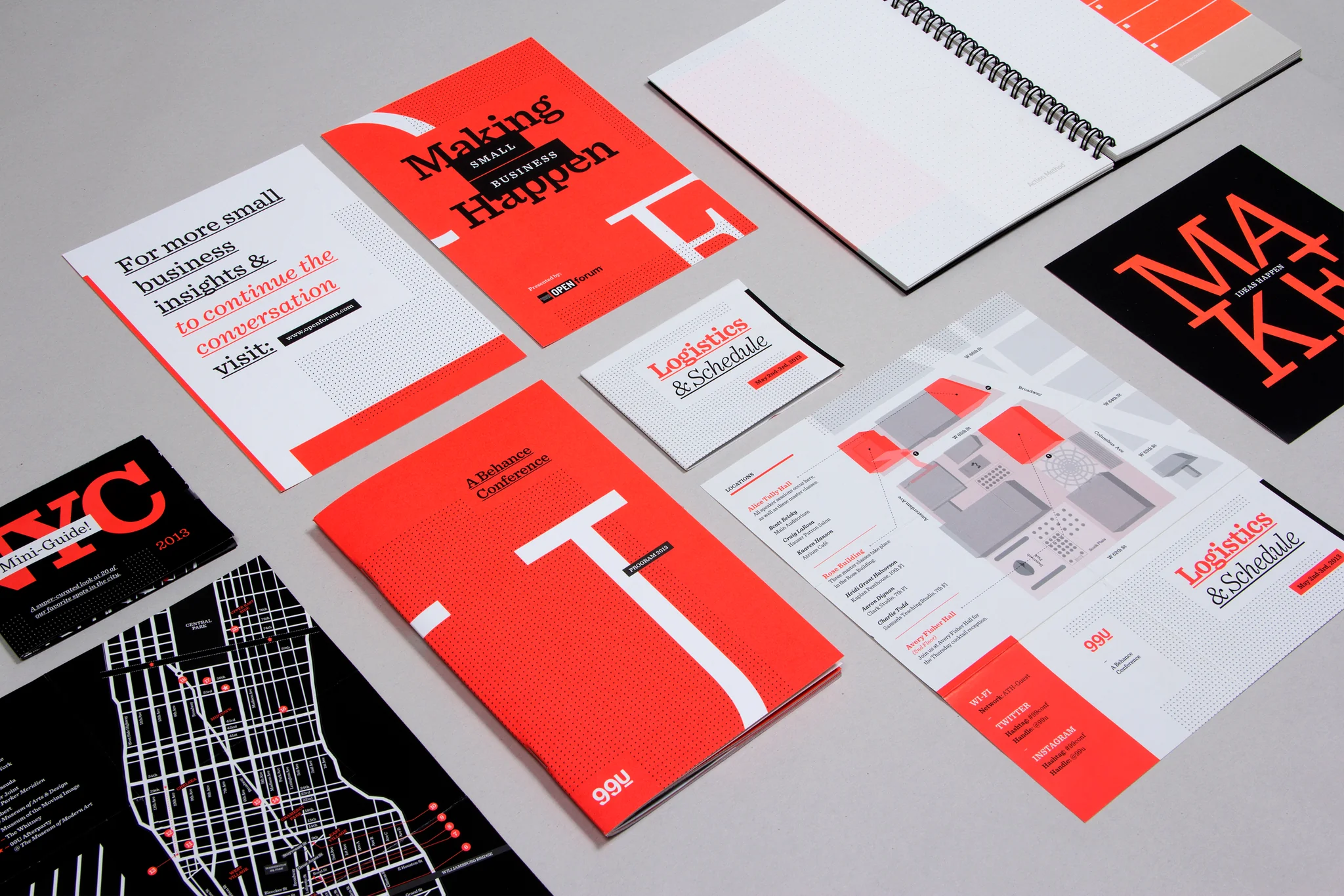 Neon-orange 99U Conference 2013 programs, notebooks and event materials