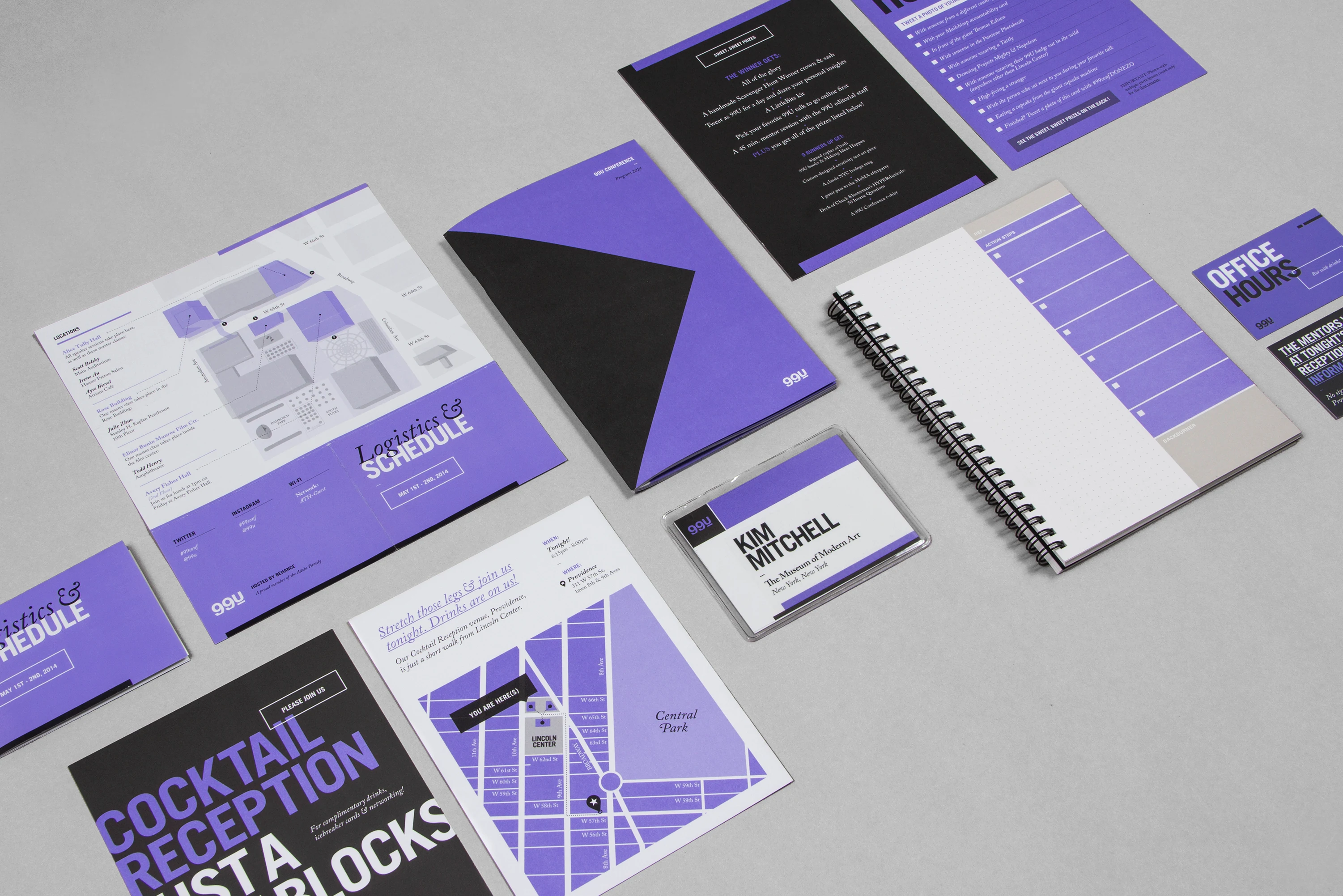 Purple, black and white 99U Conference 2014 programs, maps and name badges