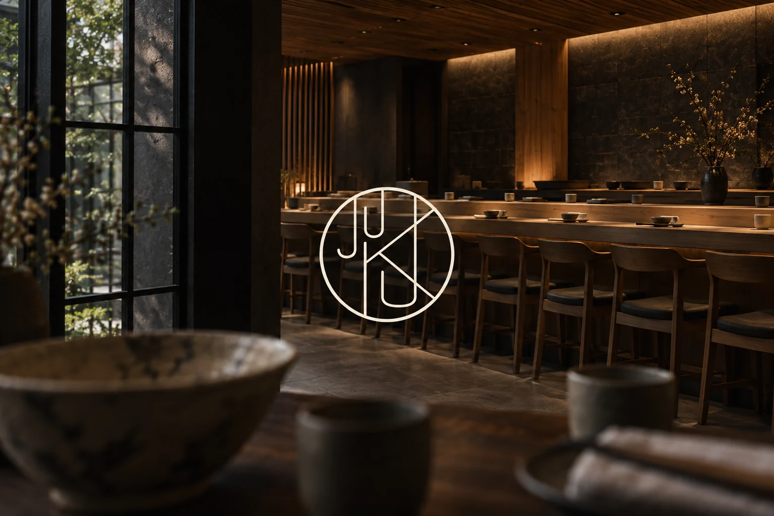 Circular Juku wordmark over a warmly lit sushi restaurant interior